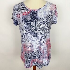 Zenergy by Chico's Medallion Tile Print Button Tab Top Womens Small Chicos 0